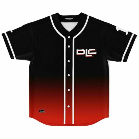Black to red ombre baseball jersey with glitch-style DLC logo on chest, front view