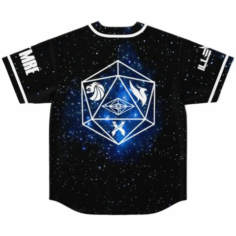 Back view of galaxy jersey showing sacred geometry icon with lion griffin and eye symbols
