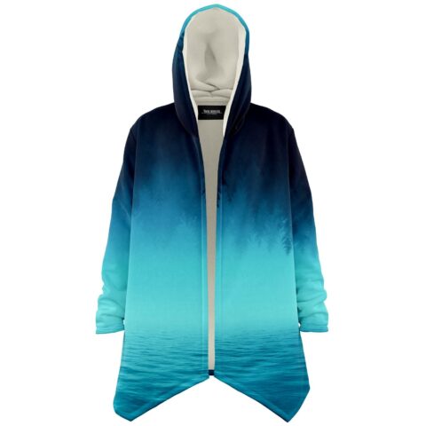 Misty forest silhouette rave cloak in navy to turquoise ombre, front view open