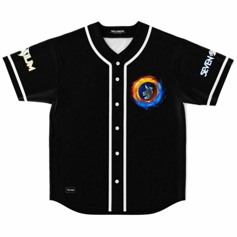 Black rave baseball jersey with fire and water yin yang lion emblem front view