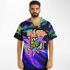 Man wearing neon oil slick rave baseball jersey with the Fellas EDC 2024 graphic patch