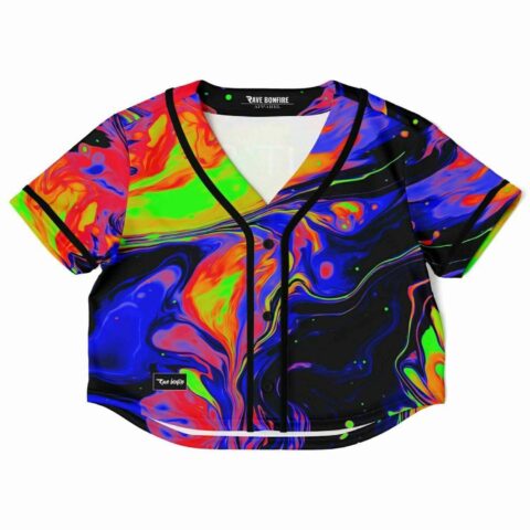 Cropped baseball jersey front view with colorful abstract design