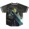 Game-inspired swordsman graphic on back of black smoky baseball jersey