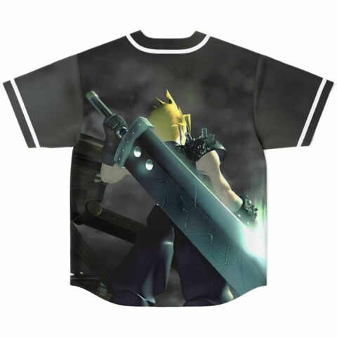 Game-inspired swordsman graphic on back of black smoky baseball jersey