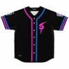 black baseball jersey with dripping paint S logo and pink blue stripes front view