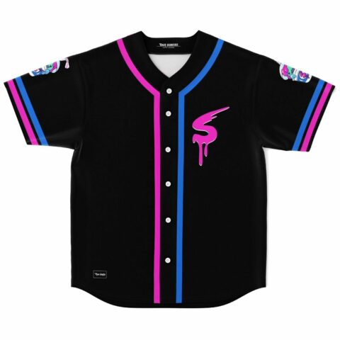 black baseball jersey with dripping paint S logo and pink blue stripes front view