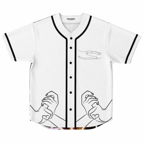 White baseball jersey with minimalist line art hands and black button placket front view