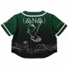 Black and green rave cropped baseball jersey with a bird illustration and line art