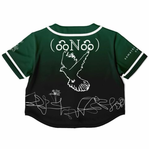 Black and green cropped jersey featuring bird illustration and line art
