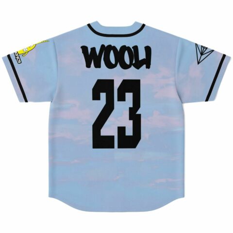 Pastel sky jersey back view with Wooli 23 lettering and cloud print