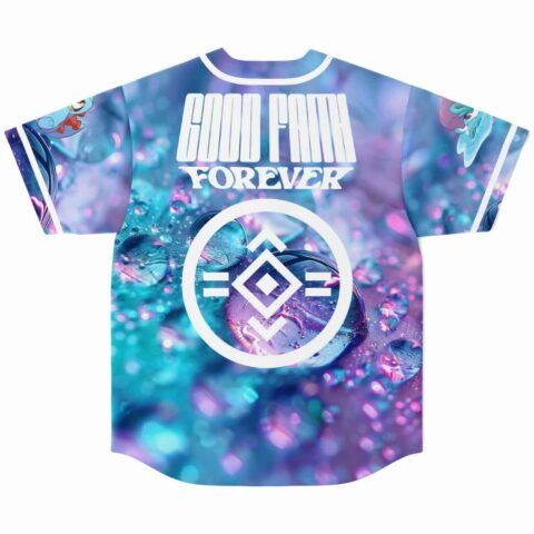 Back view of iridescent water droplet jersey with Good Faith Forever text and diamond emblem