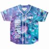 Front view of blue and purple water droplet macro print baseball jersey with Madeon text
