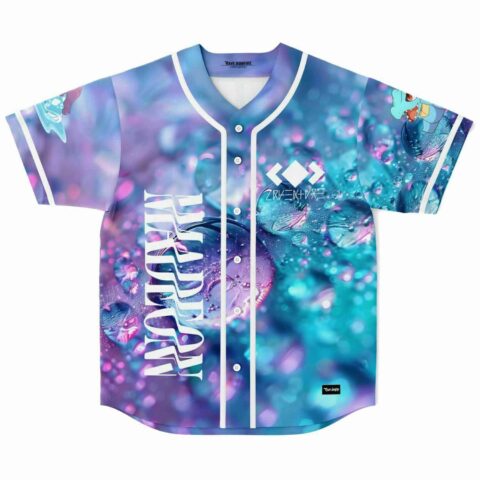 Front view of blue and purple water droplet macro print baseball jersey with Madeon text