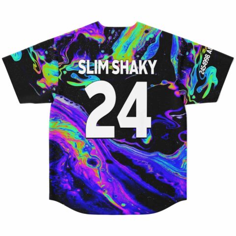 Neon psychedelic liquid print jersey back view with Slim Shaky 24 lettering
