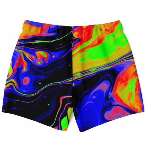 Neon liquid rave swim trunks showing mirrored acid-melt swirl design across the back