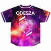 Cosmic nebula star field jersey back view with bold wordmark and outlined polyhedron design