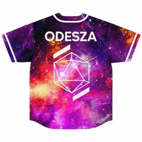 Cosmic nebula star field jersey back view with bold wordmark and outlined polyhedron design