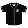Black baseball jersey with cute cartoon alien in UFO chest print, front flat lay