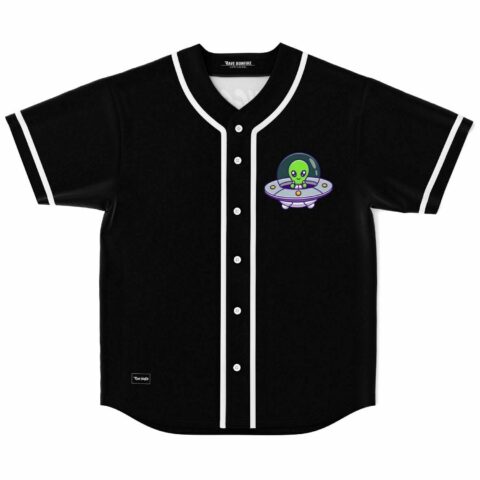 Black baseball jersey with cute cartoon alien in UFO chest print, front flat lay