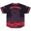 Overthinker 50 back print on navy jersey with red desert horizon design