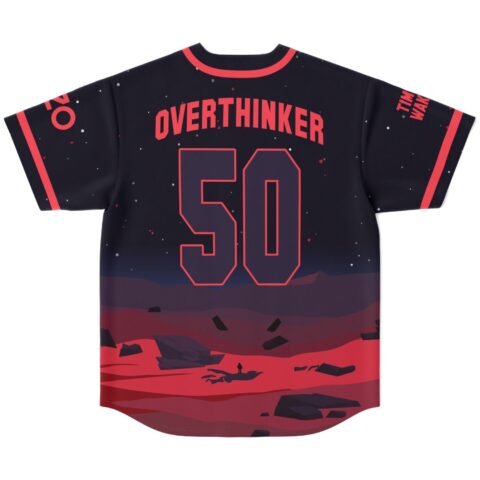 Overthinker 50 back print on navy jersey with red desert horizon design