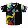 black baseball jersey with abstract liquid swirl panels and IFF chest logo flat lay