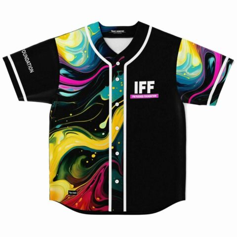 black baseball jersey with abstract liquid swirl panels and IFF chest logo flat lay