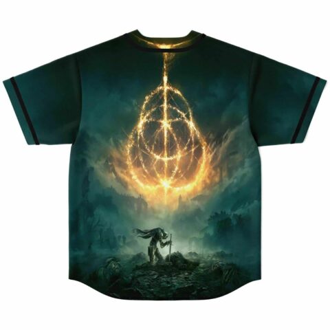 Flaming ringed portal print glowing above a fallen knight on jersey back view