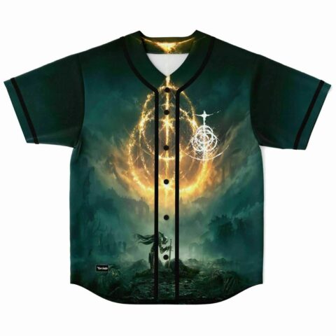 Dark teal rave baseball jersey with flaming ringed portal and kneeling knight design, front view
