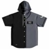 Split black and grey hooded baseball jersey with crescent moon sleeve patches front view