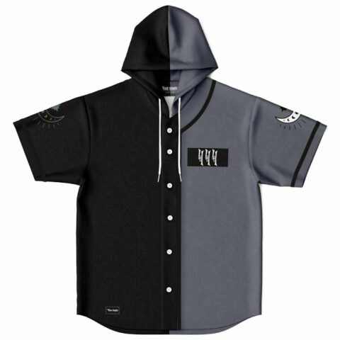 Split black and grey hooded baseball jersey with crescent moon sleeve patches front view