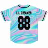 Back view of holographic swirl jersey with Lil Dreamer 88 text print