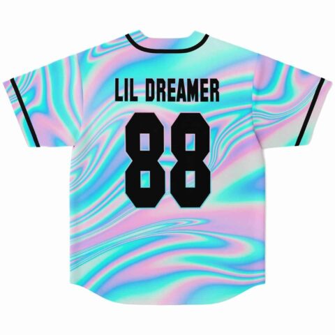 Back view of holographic swirl jersey with Lil Dreamer 88 text print
