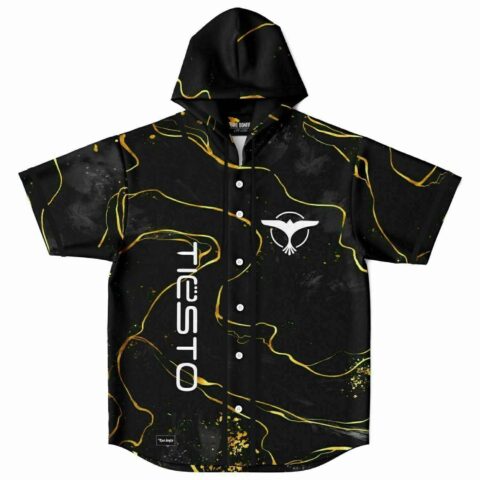 Black gold marble hooded baseball jersey with bird logo and Tiesto text on front