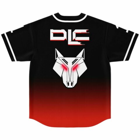 Origami wolf head graphic with glowing red eyes on black red ombre jersey, back view