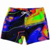 Black neon liquid rave swim trunks with acid-melt swirl pattern and white drawstring, front view