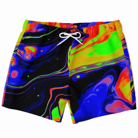 Black neon liquid rave swim trunks with acid-melt swirl pattern and white drawstring, front view