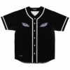 Black anime-inspired rave baseball jersey with rippled purple eyes print, front view flat lay