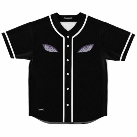 Black anime-inspired rave baseball jersey with rippled purple eyes print, front view flat lay