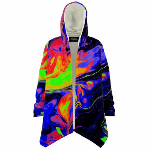 Electric blue liquid paint rave cloak with sherpa lined hood open front view