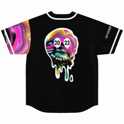 back view of jersey showing dripping smiley skull graphic reading We Are Childs 2023