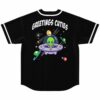 Back view of black jersey reading Greetings Cuties with alien spaceship space design