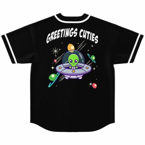 Back view of black jersey reading Greetings Cuties with alien spaceship space design