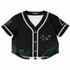 Black rave cropped baseball jersey with a vibrant graphic and bold design