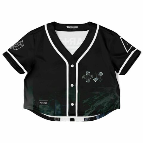 Cropped black baseball jersey with vibrant graphic and bold design