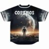 Back view of astronaut standing on rocky terrain facing giant planet with COSZMOS text print