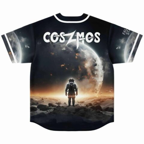 Back view of astronaut standing on rocky terrain facing giant planet with COSZMOS text print
