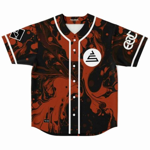 Burnt orange liquid marble rave baseball jersey with white circle mountain logo front view