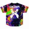 Excision bass-inspired jersey back view with neon liquid swirl print and bold X logo