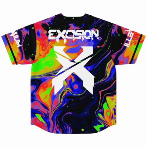 Excision bass-inspired jersey back view with neon liquid swirl print and bold X logo